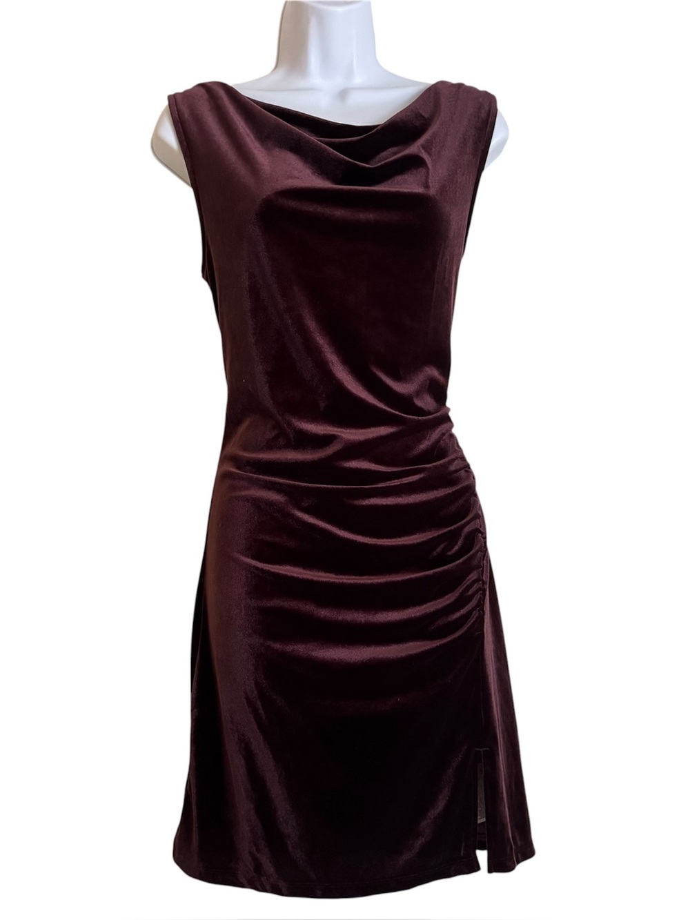 Vintage Style Plum Purple Velvet Ruched Side Slit Mini Dress S